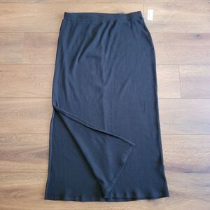 Old Navy Rib Knit Midi Skirt Large Black Fitted Pencil Side Slit Pull On NEW TAG